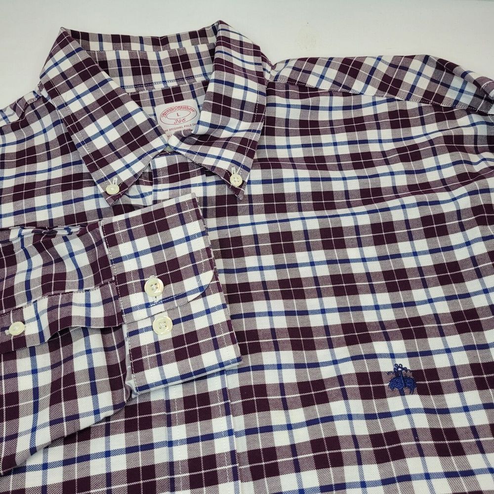Brooks Brothers 346 Shirt Mens L Burgundy Blue Plaid Excellent Non-Iron Cotton